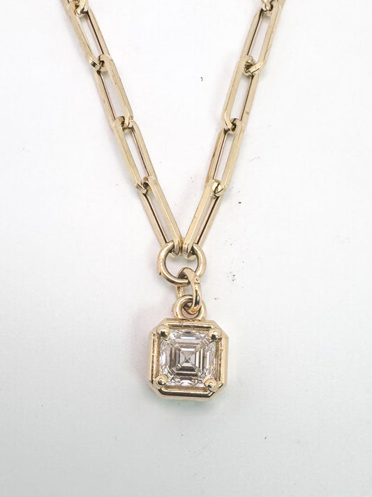 14k, Yellow gold, Asscher cut lab diamnd necklace.