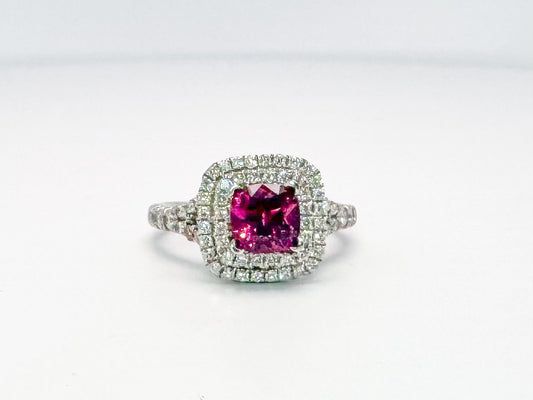 14k, white gold 1.17 rhodolite garnet set with .56  carats of natural side diamonds.