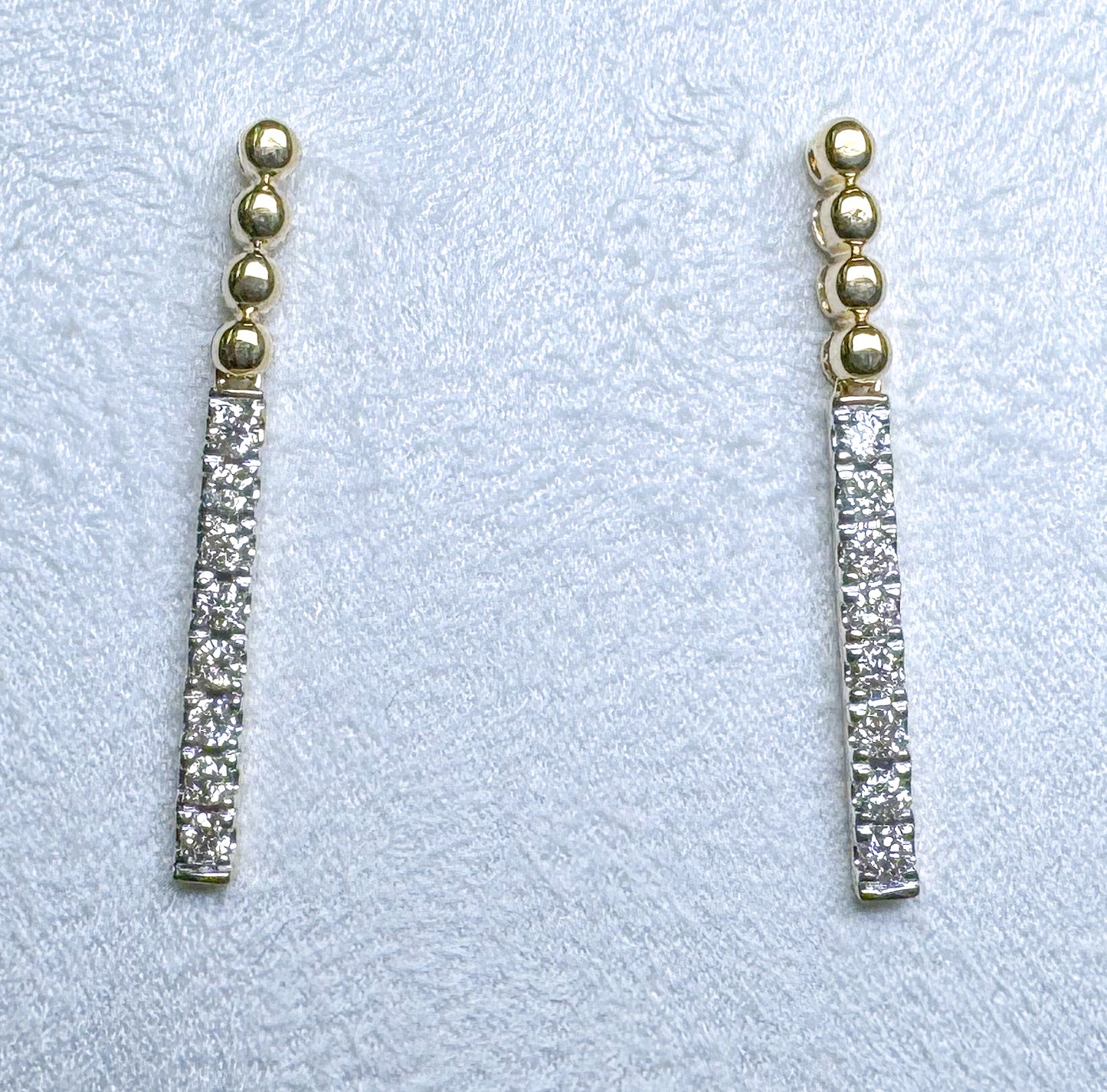 14k, Yellow gold, diamond drop earrings. .30 diamond total weight.