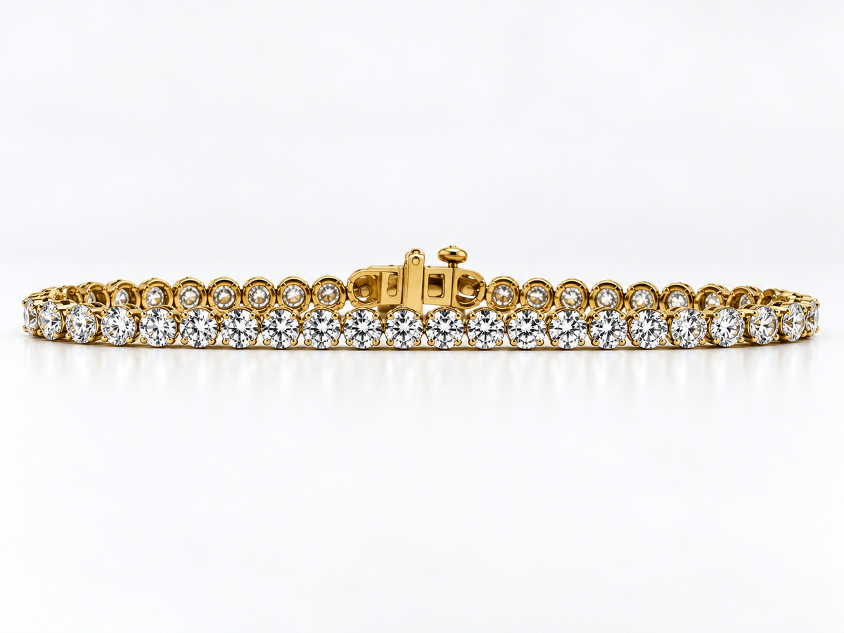 14K, Yellow gold, 5.05 carat lab grown diamond tennis bracelet. VS E-F