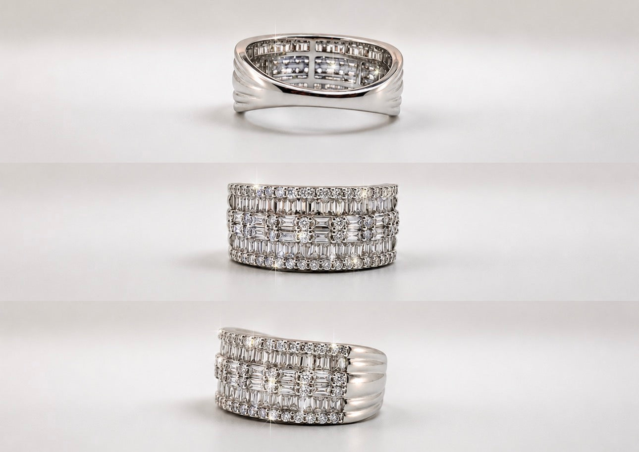 14K, white gold,  1.00 carat total weight, baguette and round brilliant natural diamond band.