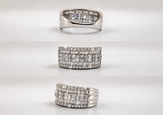 14K, white gold,  1.00 carat total weight, baguette and round brilliant natural diamond band.