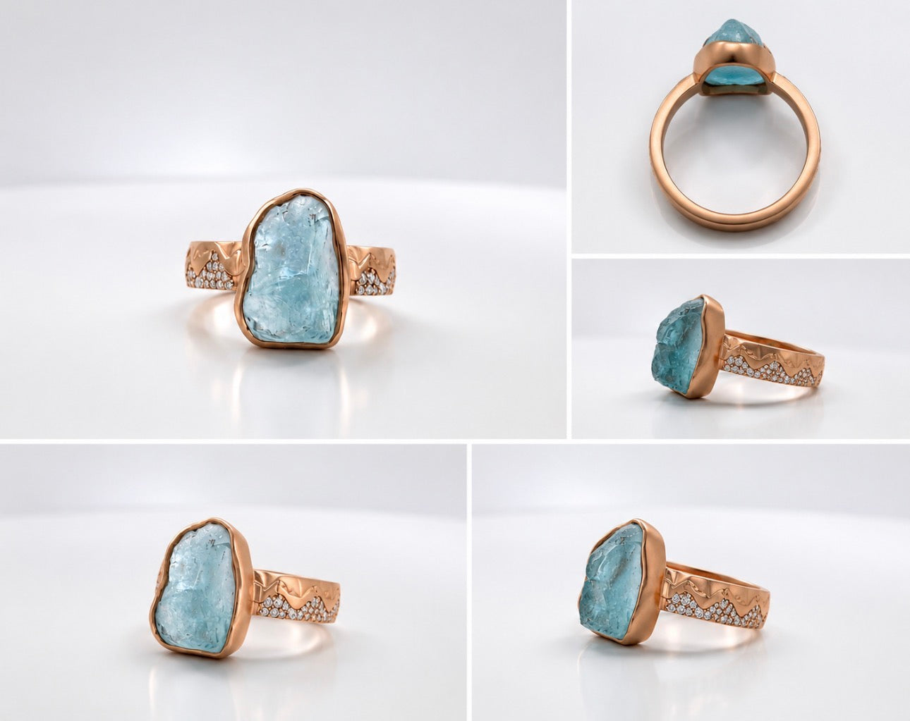 14k, rose gold, rough natural aquamrine custom diamond ring.