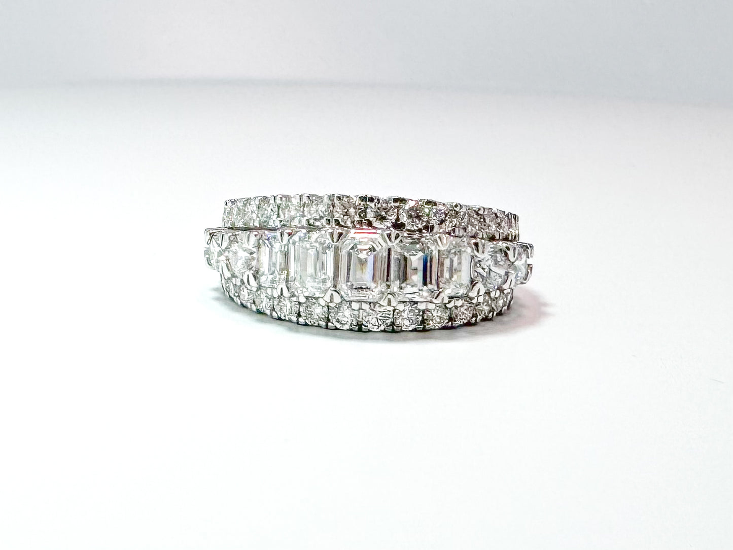 14K white gold 2.51 carat total weight, emerald cut and round brilliant lab grown diamond band SI/VS H-I