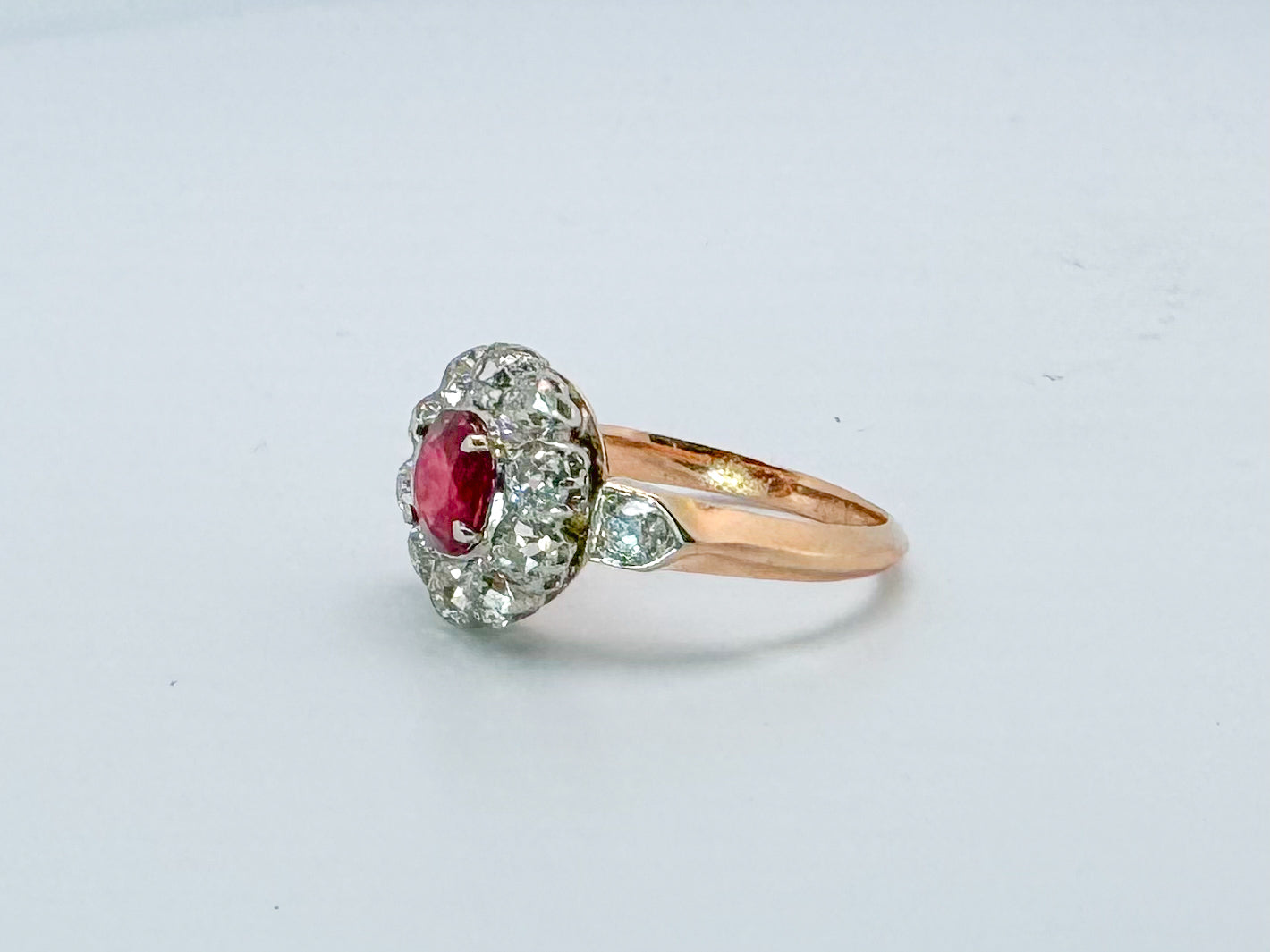 Platinum & 18k rose gold EDWARDIAN  natural ruby and diamond fashion ring