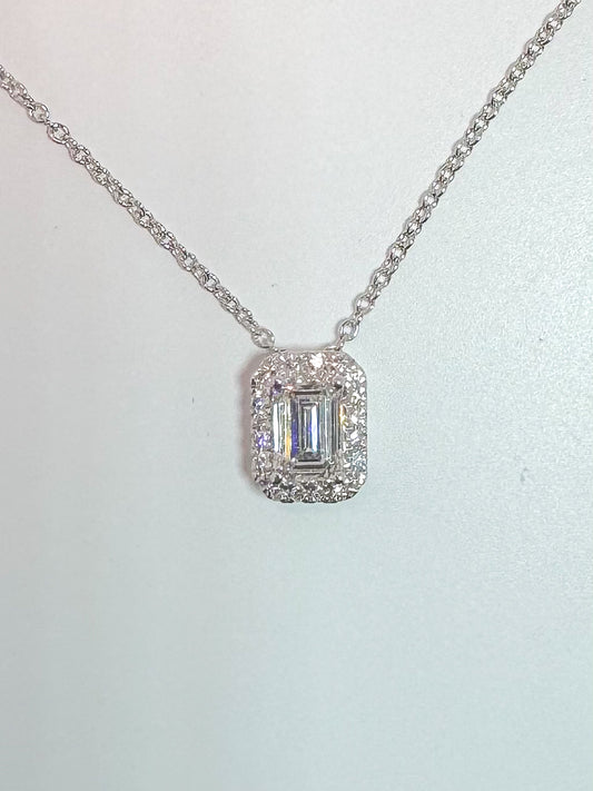 14k, white gold, Emerald cut halo lab grown diamond pendant.