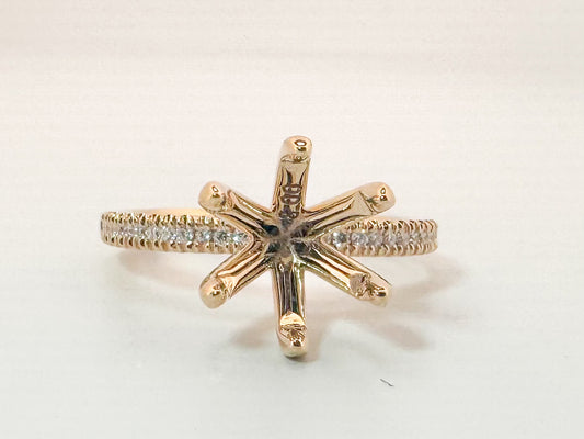 14K, yellow gold .13 side diamond total weight, Semi mount to hold 8mm stone.