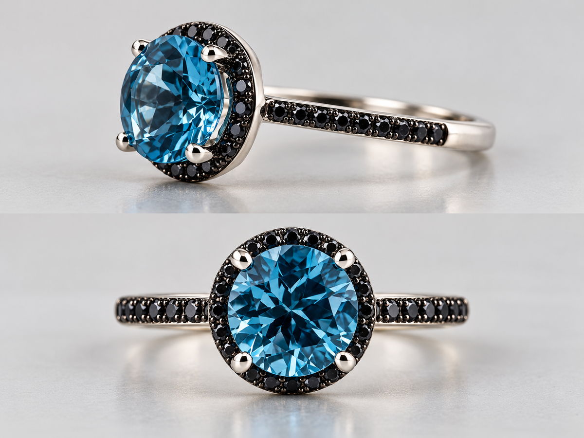 14Kw 1.75 ct blue topaz with .16 dtw black diamonds.