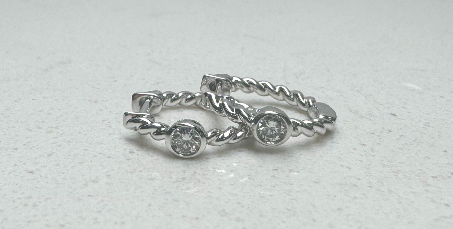 14k, white gold braided diamond huggie earrings