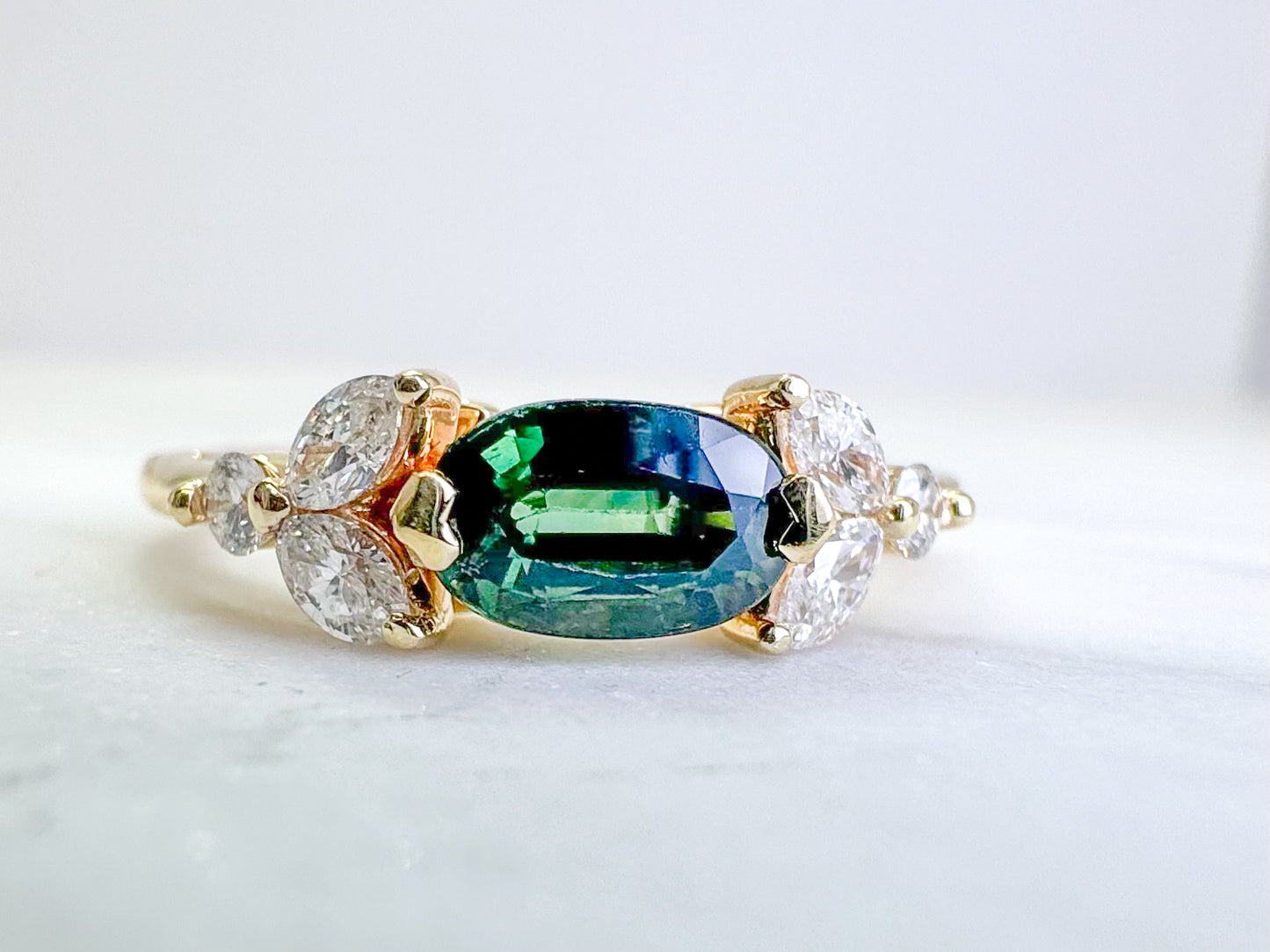 14k, yellow gold blue green tourmaline and diamond fashion ring.