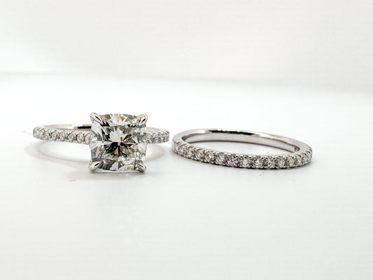 14K, white gold 2.03 lab grown cushion cut set with .50 side diamond. Wedding set.