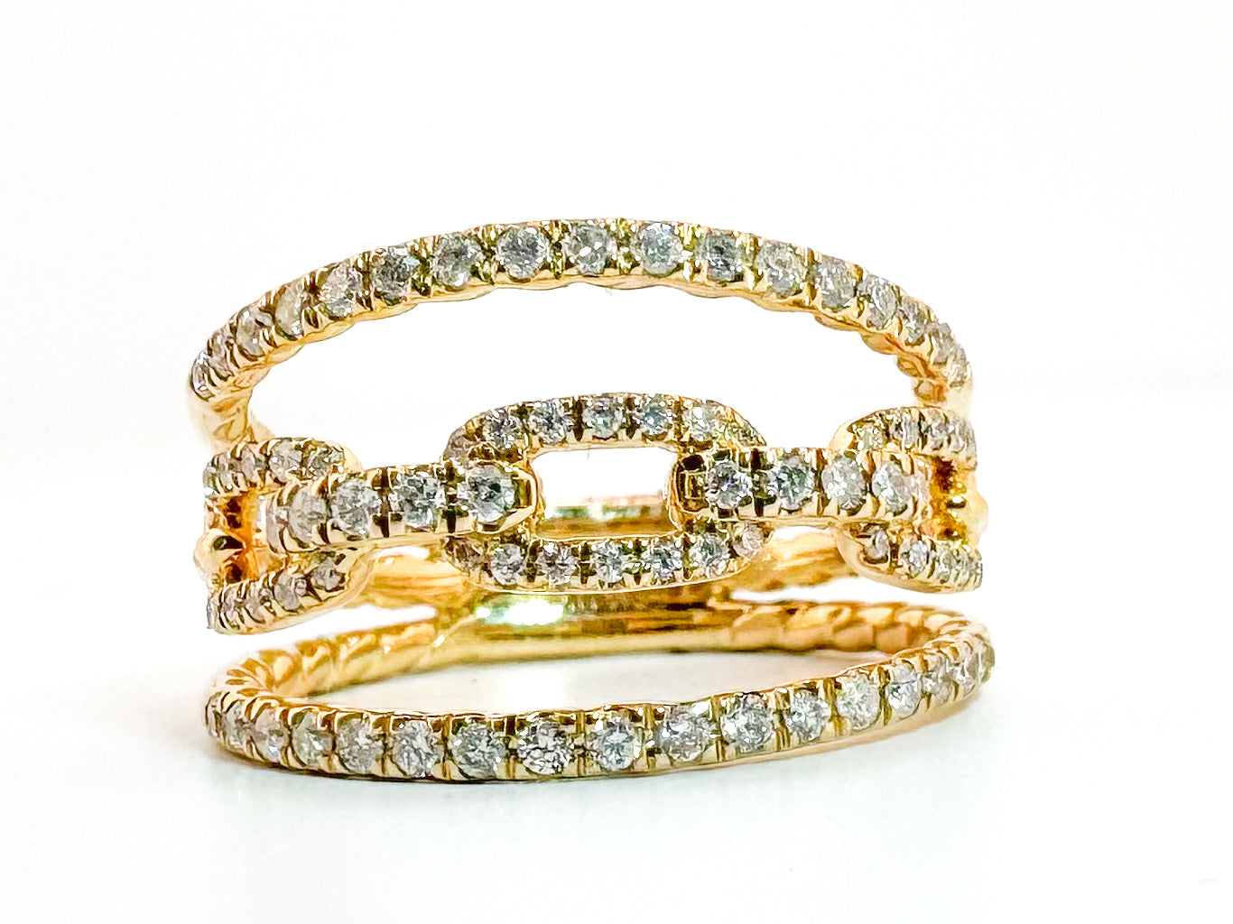 14K,Yellow gold three band link diamond ring. .51 diamond total weight