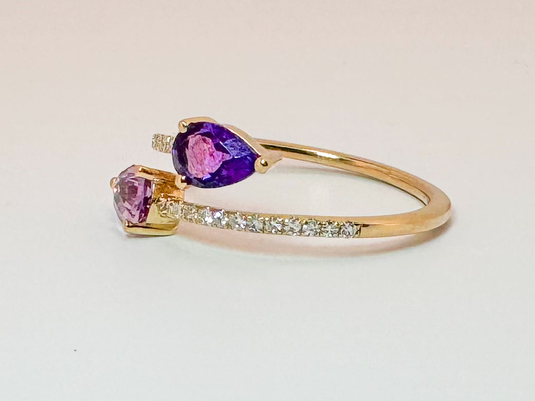 14k, yellow gold, .60 carat total weight Amethyst with .15 diamond total weight side diamond, open concept fashion ring.