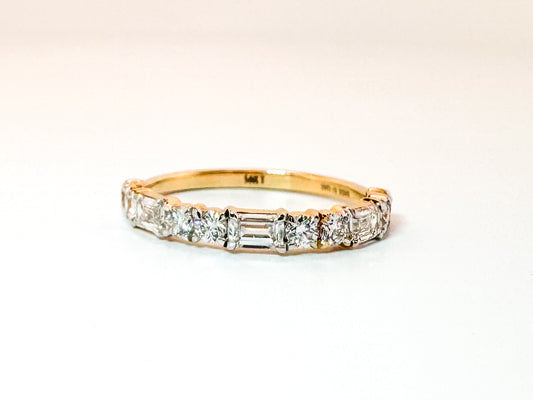14K, yellow gold .82 diamond total weight, Emerald cut and Round brilliant lab grown diamond band