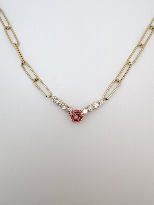 Custom Lab grownpeach sapphire and  Natural diamond paperclip necklace