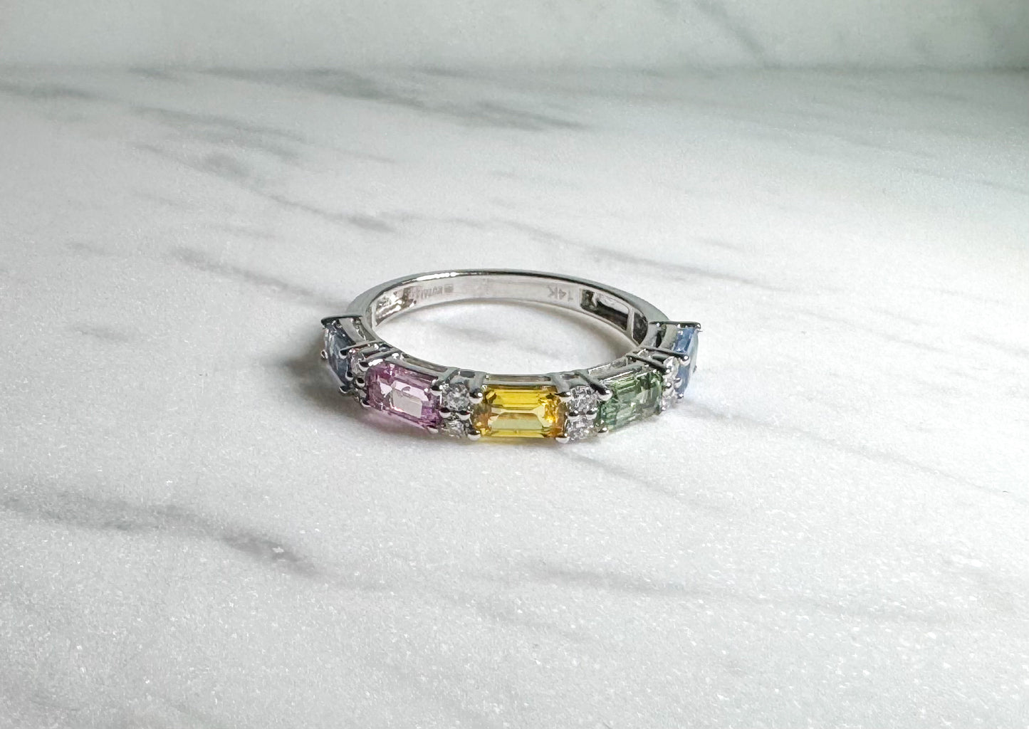 14k white gold multi color natural  sapphire ring.