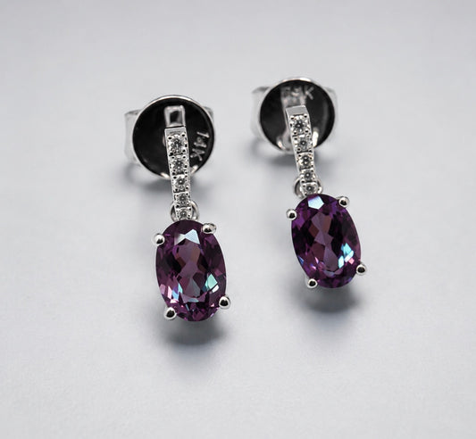 14k, White gold, .06 diamond total weight, created Alexandrite drop earrings.