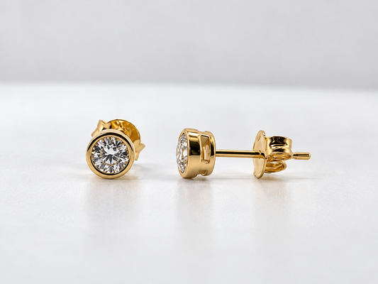 14K, Yellow gold, 1/2 carat total weight, round brilliant, lab grown, bezel set ,diamond studs.