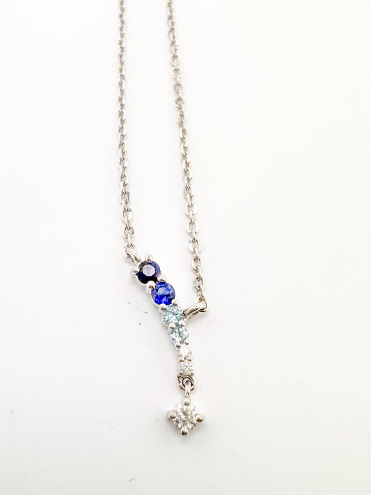 14K white gold, lab grown diamond, sapphire and aquamarine pendant.