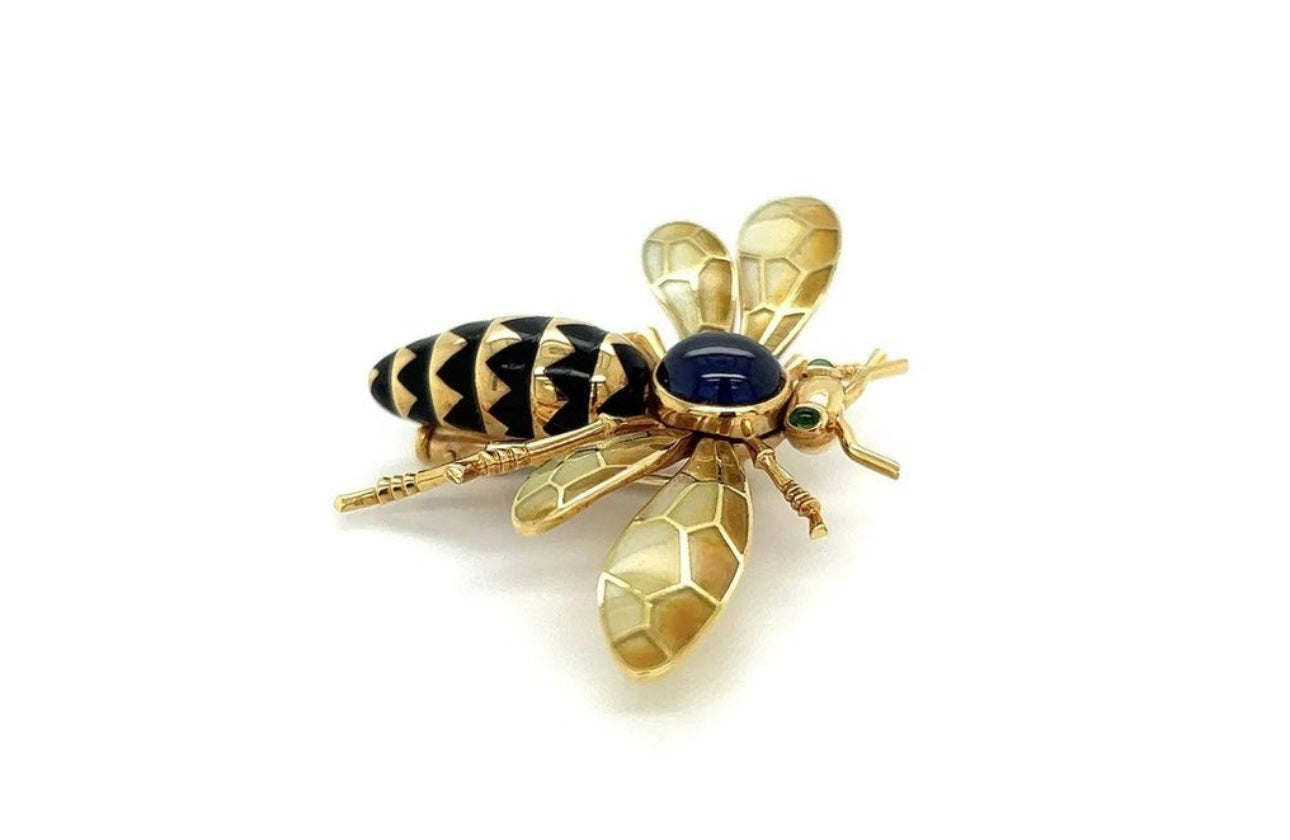 18k, Yellow gold CARTIER, Plique A Jour, Sapphire, Emerald and enamel brooch/Pin "One of a kind"