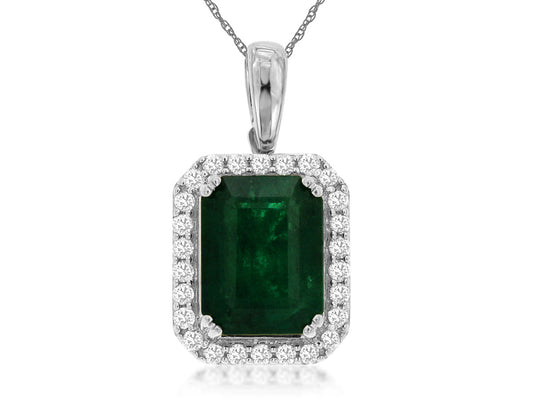 14k White Gold, 2.15 carat Emerald .20 carat total weight, Emerald & Diamond Necklace