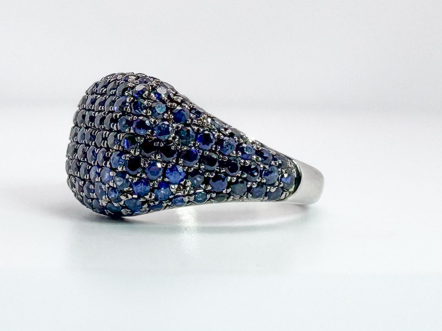 14K, White gold, 1.74 carat total weight natural sapphire pinky ring.
