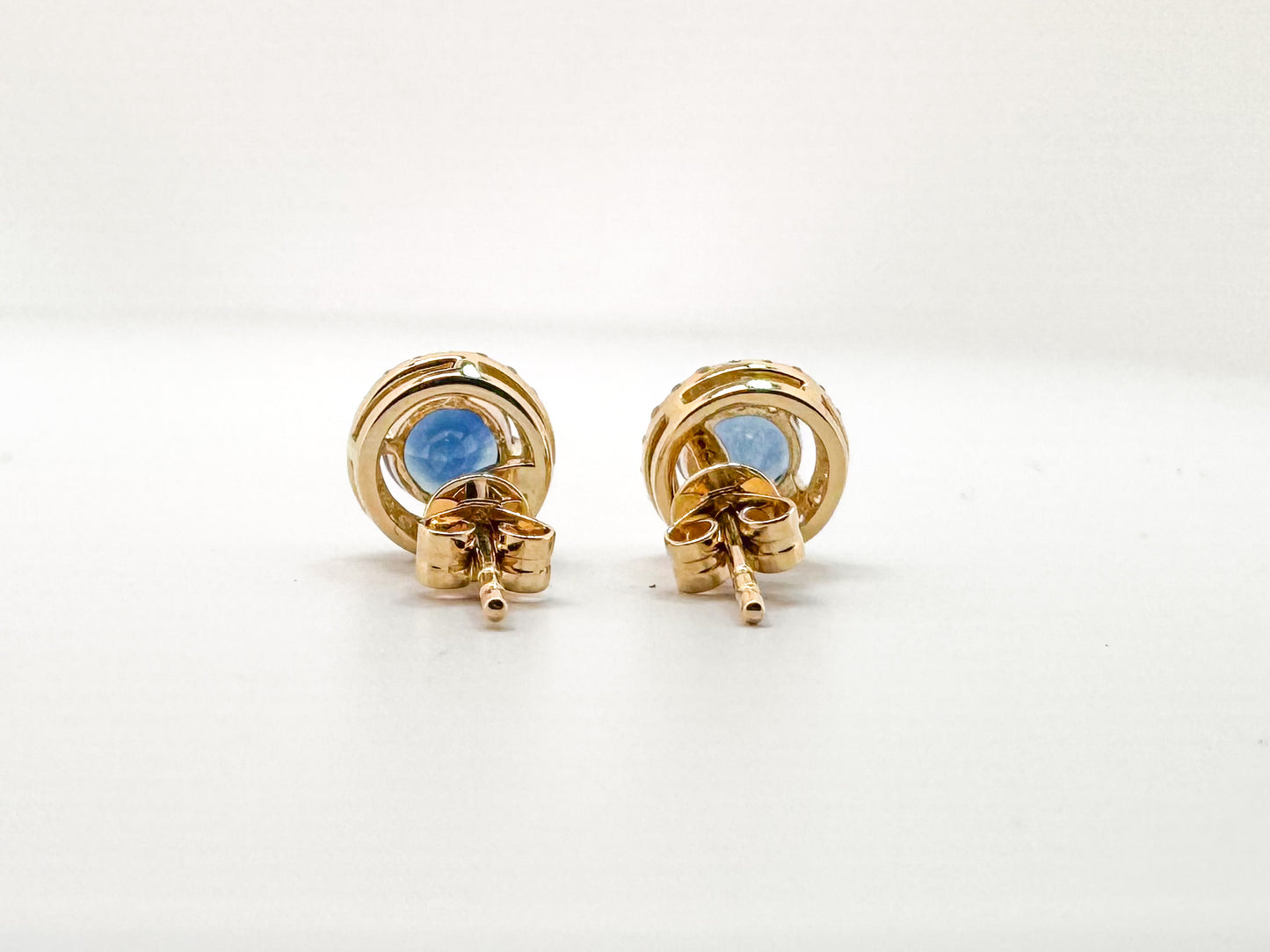 14k,Yellow gold, natural sapphire and diamond halo  stud earrings.
