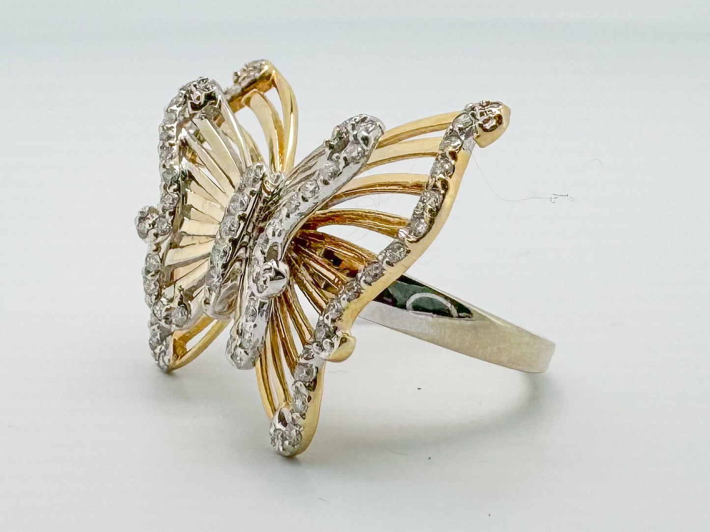 14k two tone, double butterfly diamond ring