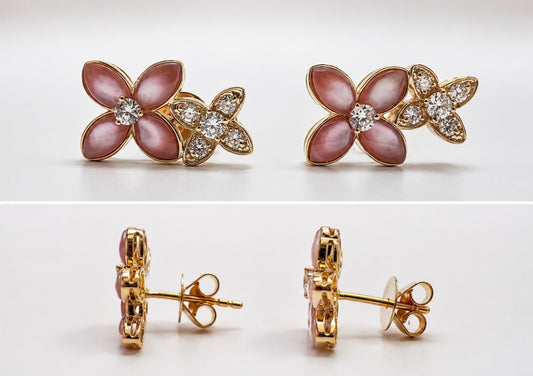 14k, Yellow gold, Mother of pearl and natural diamond, flower earrings.