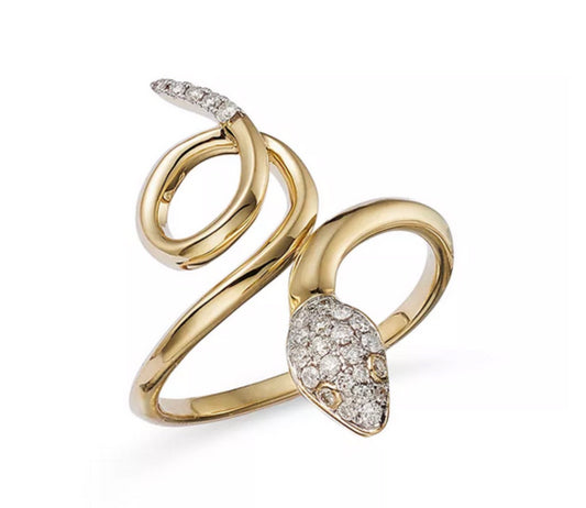 14K, yellow gold, natural diamond snake ring. .18 diamond total weignt.