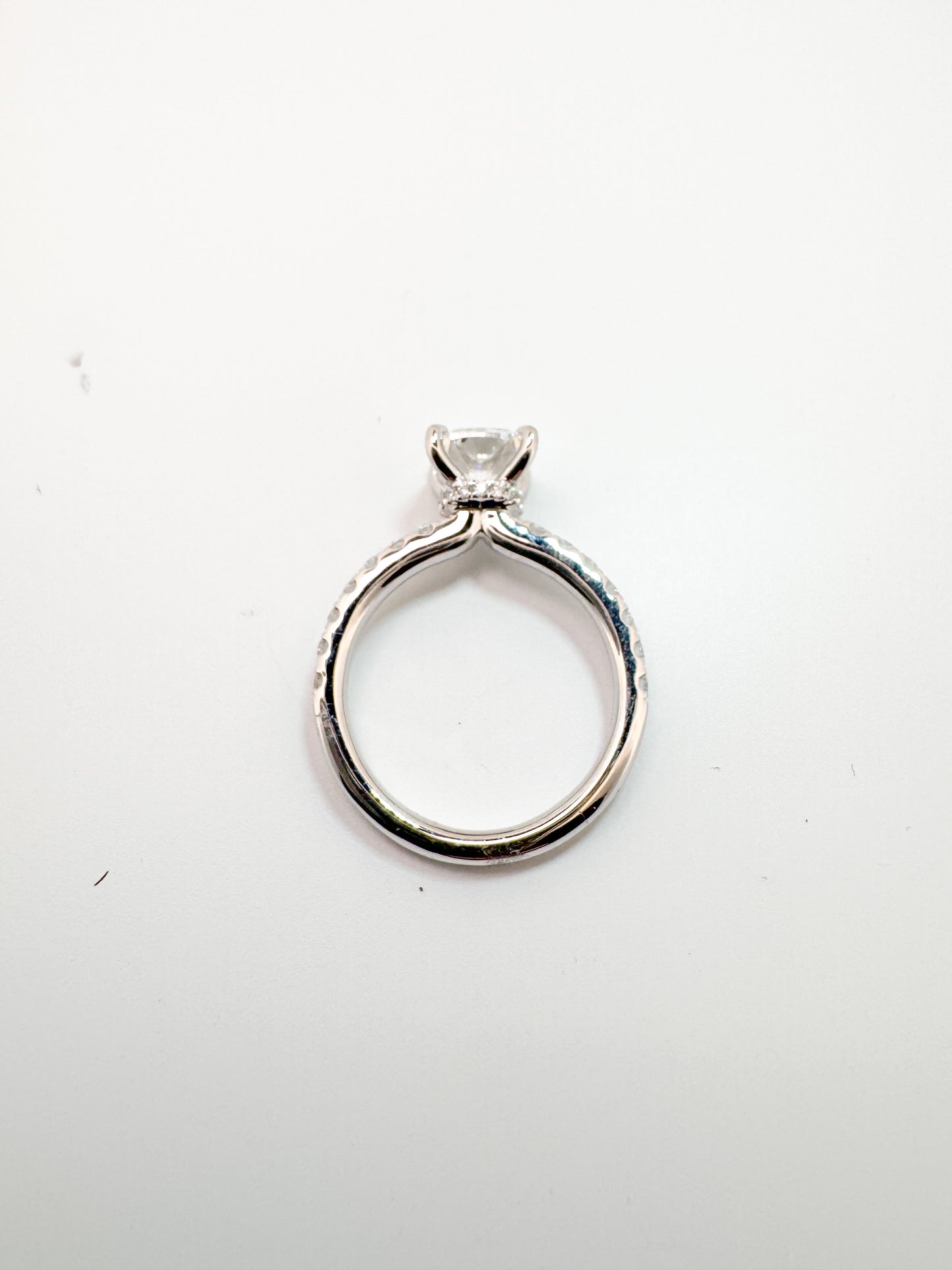 14K,White gold, 2.00 carat center lab grown cushion cut with .50 carats of side diamonds.