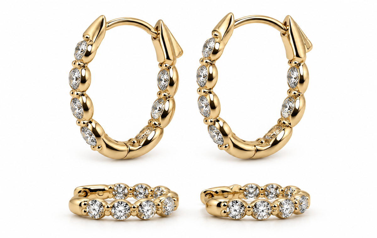 14K, Yellow gold, .91 carat total weight, oval, natural diamond, Euro earrings.