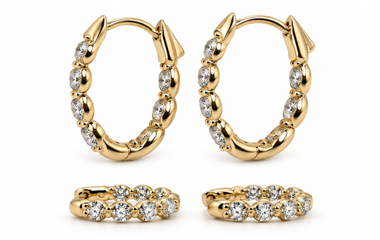 14K, Yellow gold, .91 carat total weight, oval, natural diamond, Euro earrings.
