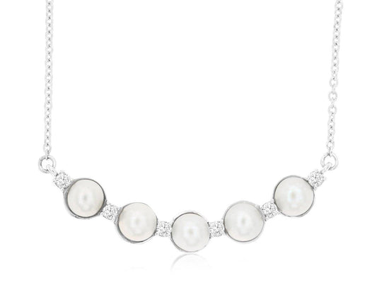14k, White Gold, 5 Pearl, .10 carat total weight, Pearl & Diamond Necklace