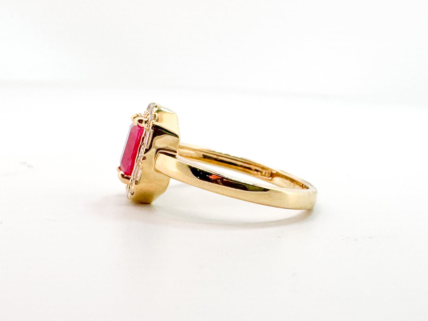 14k, yellow gold, .19 carat of natural diamonds, 1.10 carat natural Ruby.