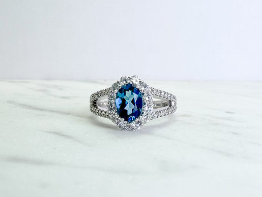 14k, white gold, halo, london blue topaz fashion ring