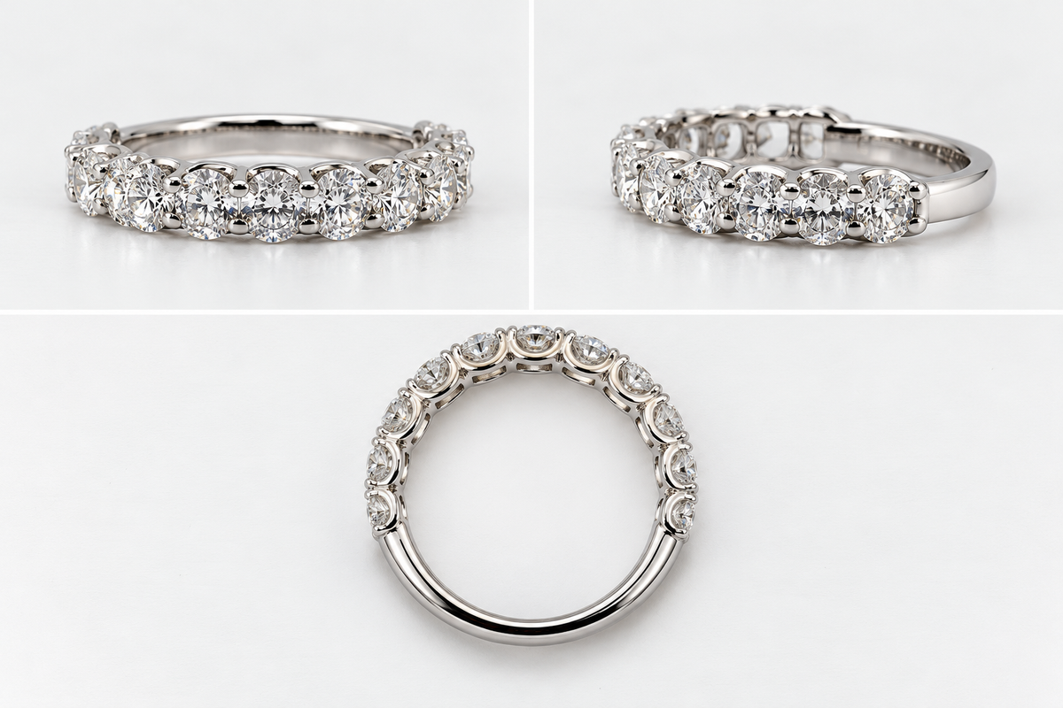 14K, White gold, 1.70 carat total weight, natural, oval diamond wedding band. VS2 G