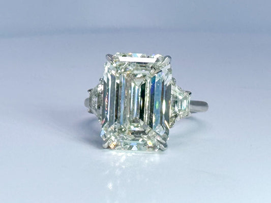 Platinum Natural 8.41 Emerald cut set with 1.00 step cut trapezoids GIA CERTIFIED