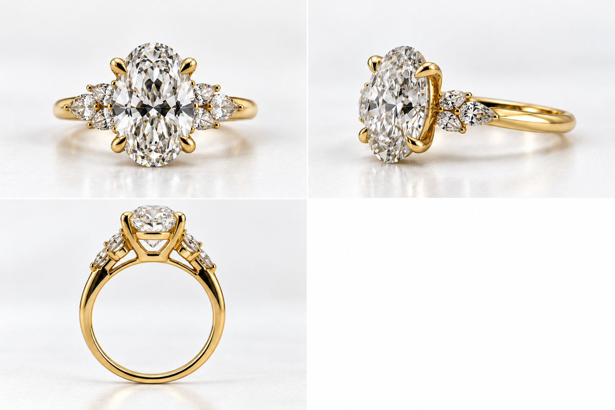 14KL, Yellow gold, 2.58 carat lab grown oval set with .17 carats of side diamonds. IGI certified