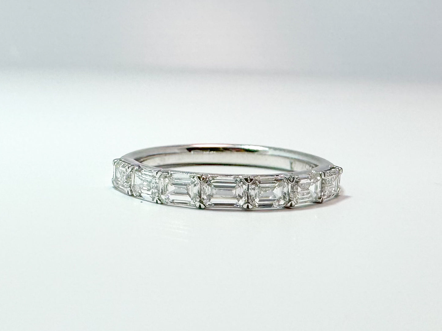 14k, white gold, lab grown, emerald cut, lab grown diamond band. 1.01 carats VS2 G