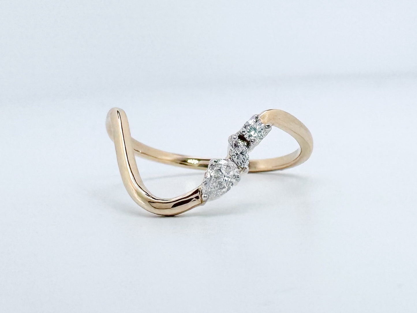 14K, yellow gold, modern, curved multi diamond fashion ring.