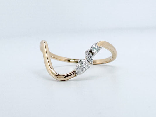 14K, yellow gold, modern, curved multi diamond fashion ring.