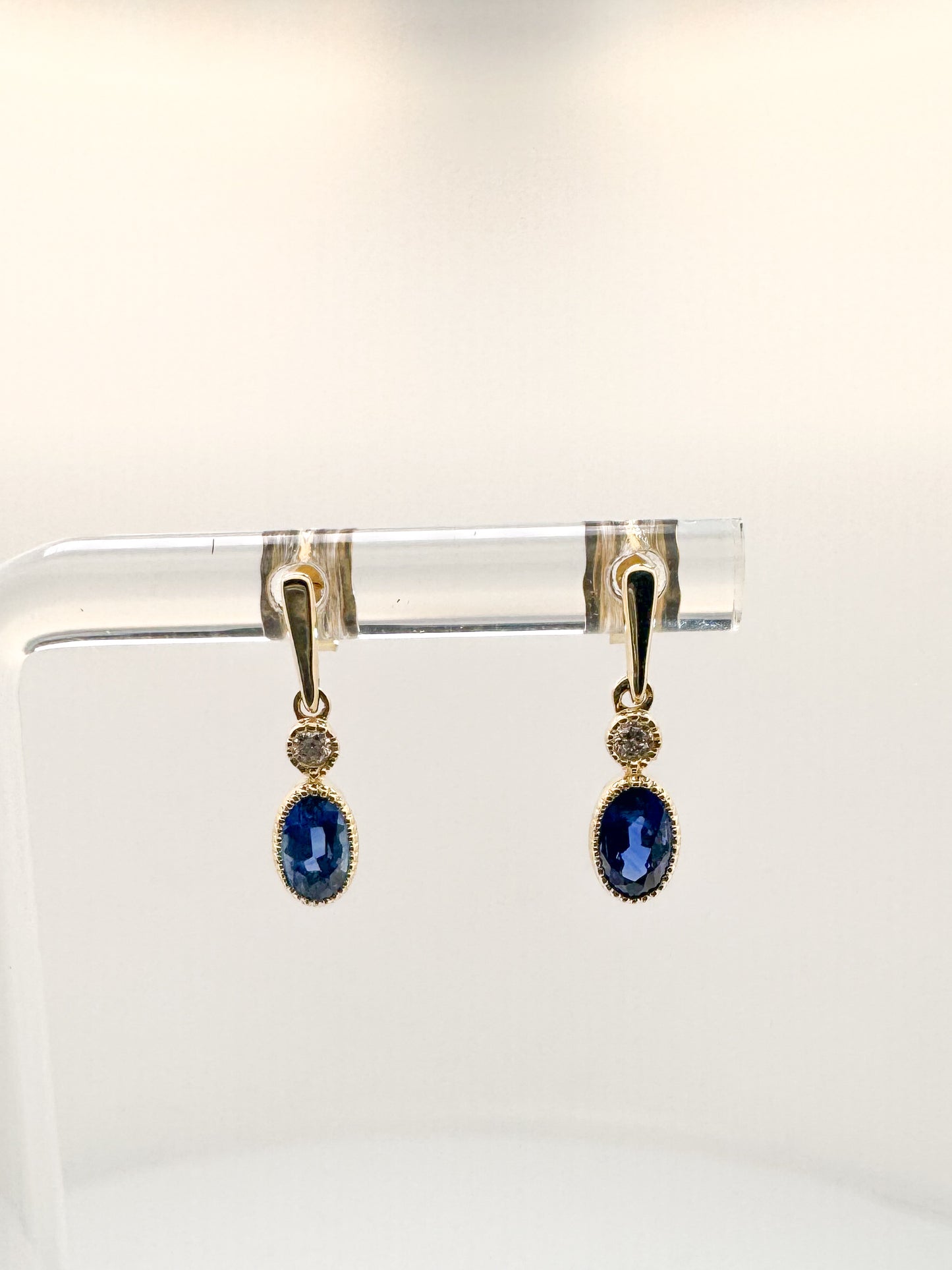 14K,yellow gold, natural diamond and sapphire earrings.