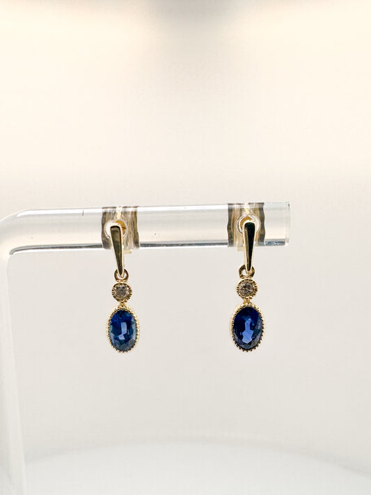 14K,yellow gold, natural diamond and sapphire earrings.