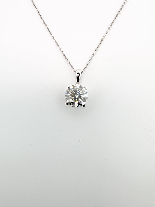 14K, whtie gold 3.02 carat lab grown round brilliant solitaire pendant. VVS2 G