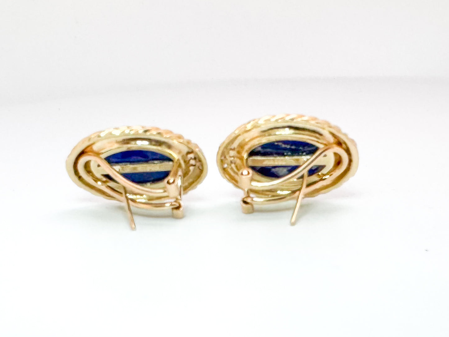 14k, yellow gold, Lapis Lazuli earrings set with .12 dtw side diamonds.