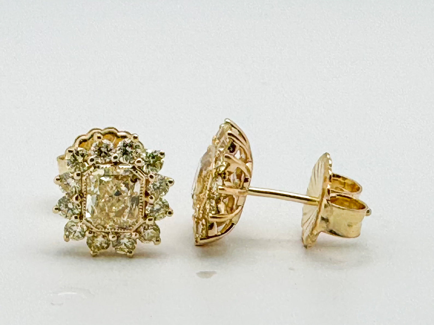 14k, yellow gold Natural fancy yellow custom diamond earrings 2.38 carat total weight.