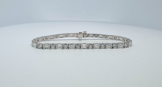 14K white gold Emerald cut & Round brilliant lab grown diamond tennis bracelet. 9.23 carat total weight