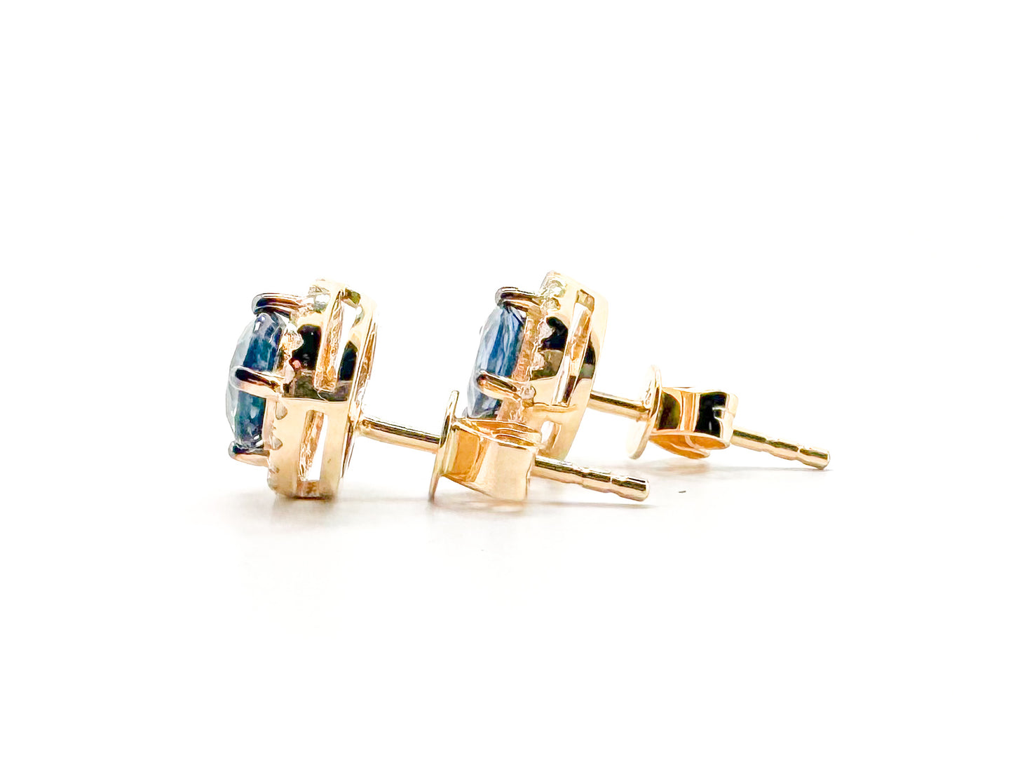 14k,Yellow gold, natural sapphire and diamond halo  stud earrings.