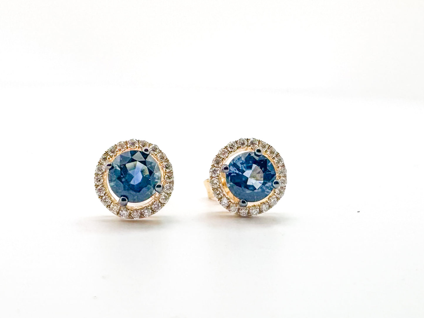 14k,Yellow gold, natural sapphire and diamond halo  stud earrings.